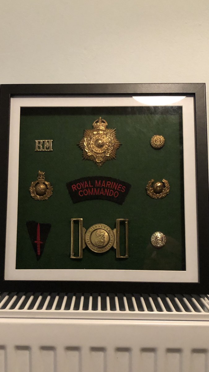 footsteps_pod's tweet photo. My dear old Dad is riddled with Alzheimer’s and dementia, but the one thing he holds onto was his service in 45 Commando Royal Marines. I made this for him this evening with his original badges and buttons to go on the wall of his room. #Royalmarines #oarmaarm #45commando https://t.co/WBJcbic4Nj