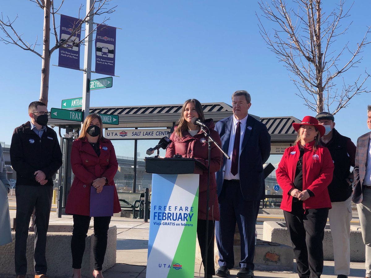 WasatchCouncil's tweet photo. Today, on the 20th anniversary of the opening of the Salt Lake Olympic Games, local leaders gathered to promote the benefits of a strong public transit system + #FreeFare February. @RideUTA #UTAYourWay #TakeTransit https://t.co/eOYy3ap8Oz