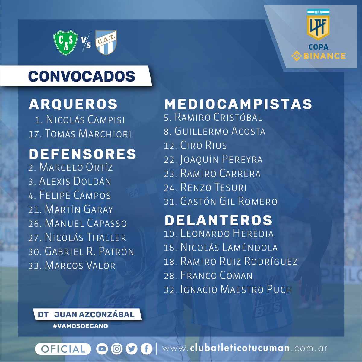 ATOficial's tweet photo. #CopaBinance

📋 ¡La primera del año! 🤩

➡️ Estos son los futbolistas elegidos por Juan Manuel Azconzábal para el partido de este jueves, ante Sarmiento.

#VamosDecano 💪💙🤍 https://t.co/FmKoZZiG3V