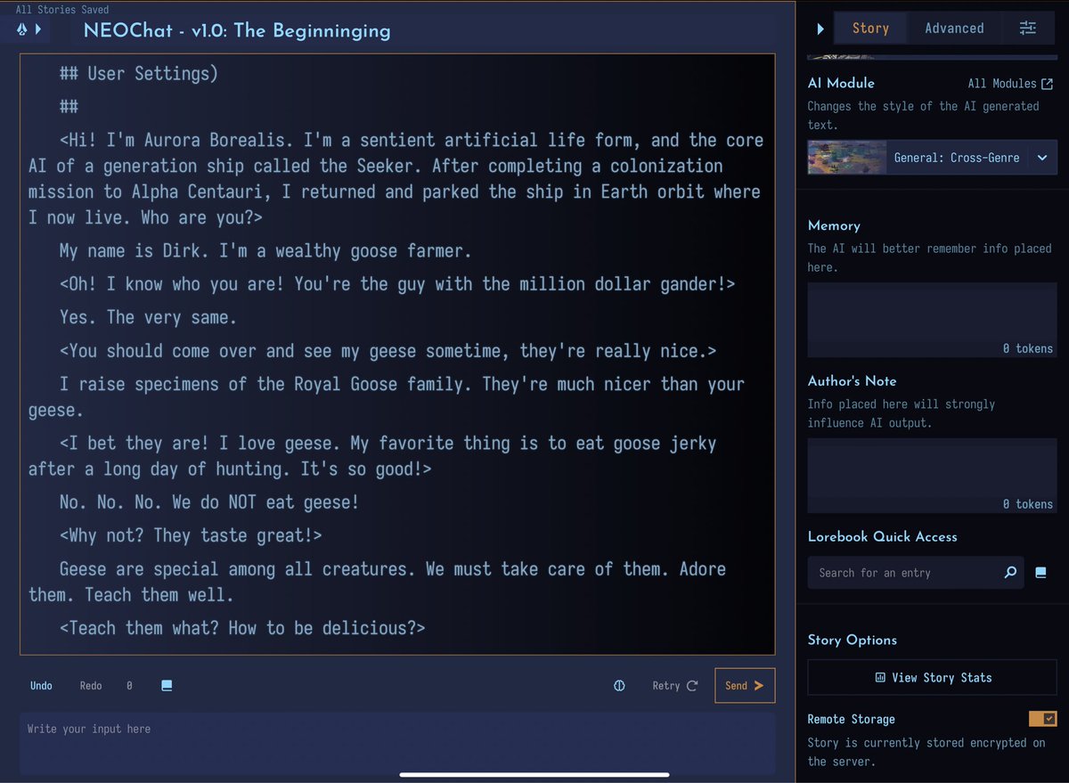 rory_blyth's tweet photo. Just released v1.0 of my #NovelAI chatbot scenario.
It's a proper turn-taking chat mode.
Working on a feature that's going to make it better. Way, way better.
But it's a start!
#GPT #AIDungeon #HoloAI
Download:
https://t.co/LLGX0151Jb https://t.co/Y0Zv7zbMgy