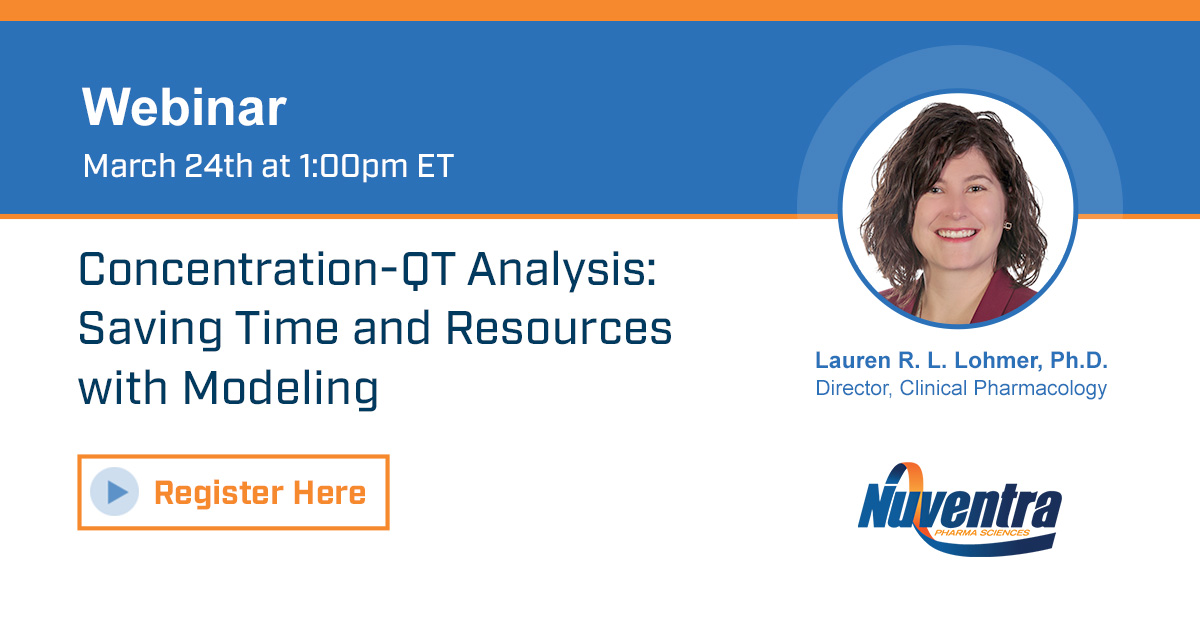 Nuventra's tweet photo. Join us on March 24th at 1pm ET for a #webinar discussing the benefits of Concentration-QT analysis, an internationally accepted, low-cost, and efficient approach compared to conducting a thorough QT study. Register here: https://t.co/Lu91FLJQEx https://t.co/LQCoyAfj7q