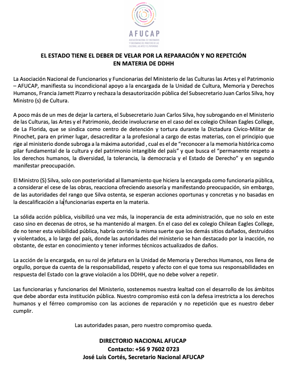 AfucapCultura's tweet photo. #AFUCAP, manifiesta su incondicional apoyo a la encargada de la Unidad de Cultura, Memoria y Derechos Humanos, #FranciaJamett Pizarro y rechaza la desautorización pública del Subsecretario Juan Carlos Silva, hoy Ministro (s) de Cultura. https://t.co/8zcZtRW9ze