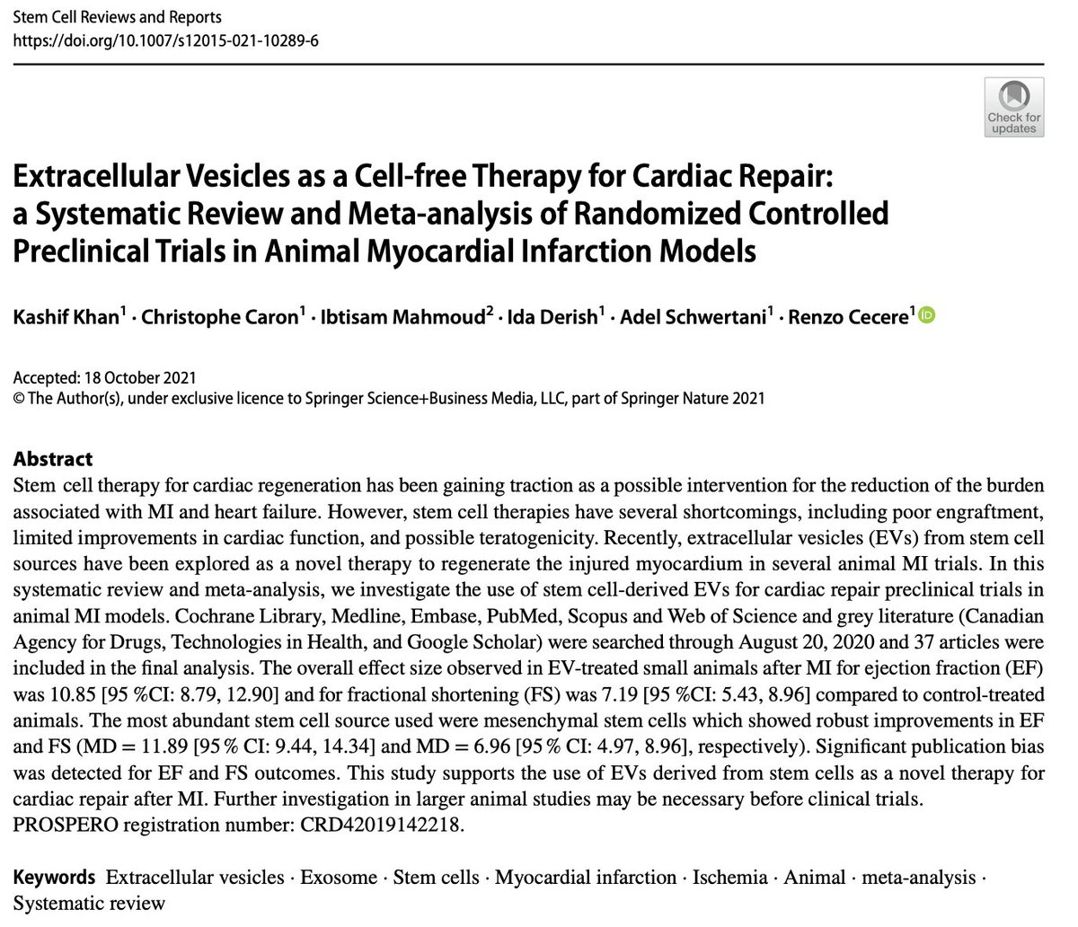 KashifK_'s tweet photo. Stem cells for cardiac regeneration are great and all but how about we forget about all of that and look into the extracellular vesicles released from them instead: the so-called "paracrine effect". My latest meta addresses this and some of the limitations of this method. https://t.co/RYWob0iXxH