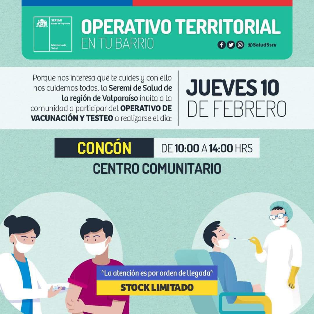 🔶 Vecinos y vecinas, comunicamos que este jueves 10 de febrero la @seremisaludvalpo estará realizando un operativo de Vacunación y Testeo en #Concon.

📍¿Dónde? Centro Comunitario, ubicado en calle José Yañez #827.

⏰¿A qué hora? Entre las 10:00 y 14:00 hrs.
