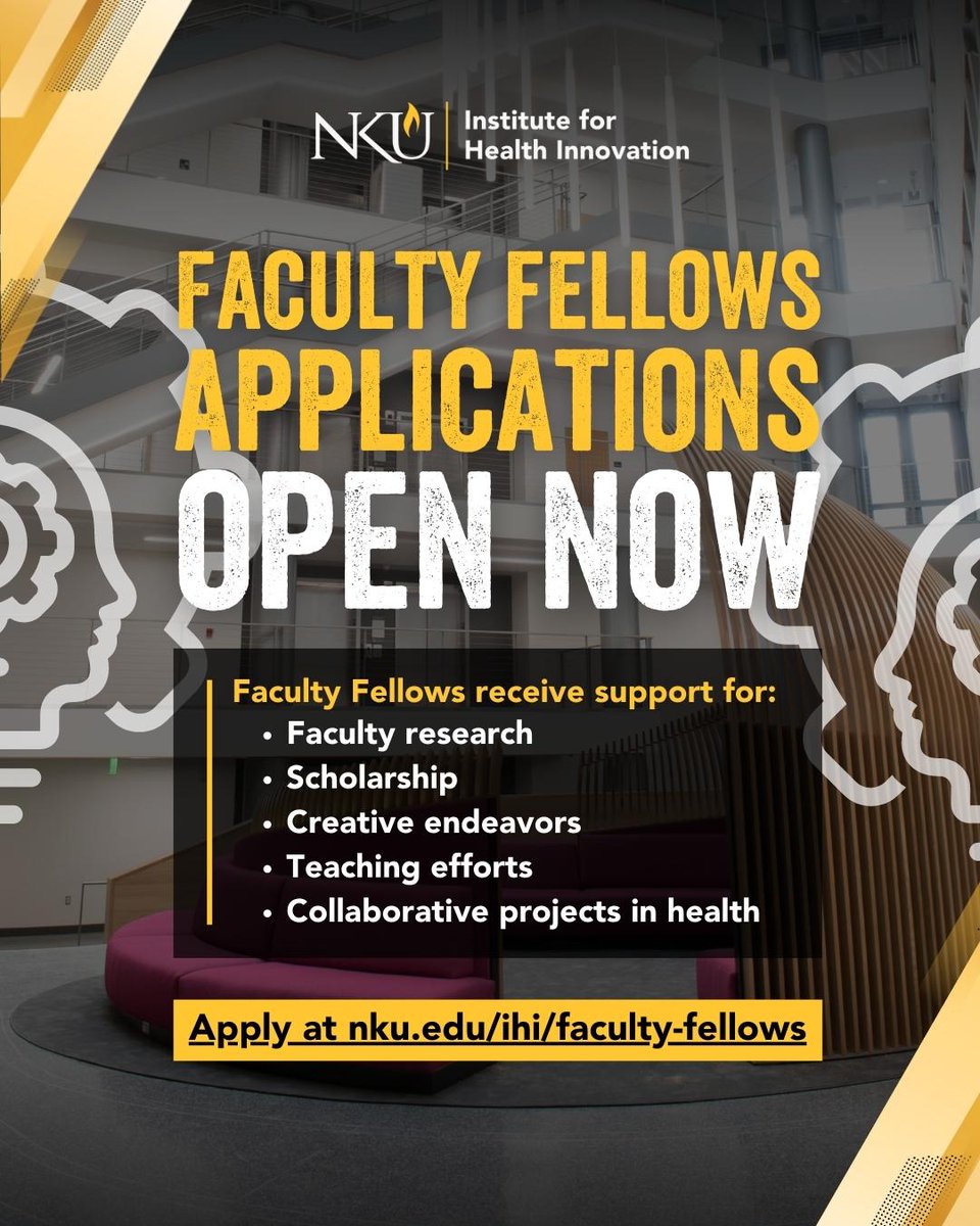 The Institute for Health Innovation is committed to supporting faculty activities at NKU. As part of our initiative to enhance faculty accomplishments, Faculty Fellows applications are open! Click the link below to apply!

nku.edu/ihi/faculty-fe…

#FacultyFellows