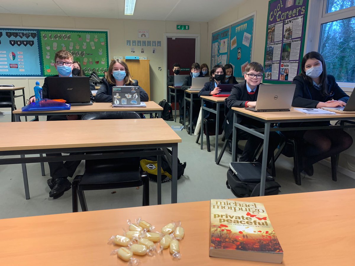 EngDeptSLG's tweet photo. A very happy &amp; hardworking Year 9 class working on newspaper articles about the yellow aeroplane incident in “Private Peaceful”, while eating some humbugs ✈️ 🍬 https://t.co/29ESFO2GVq