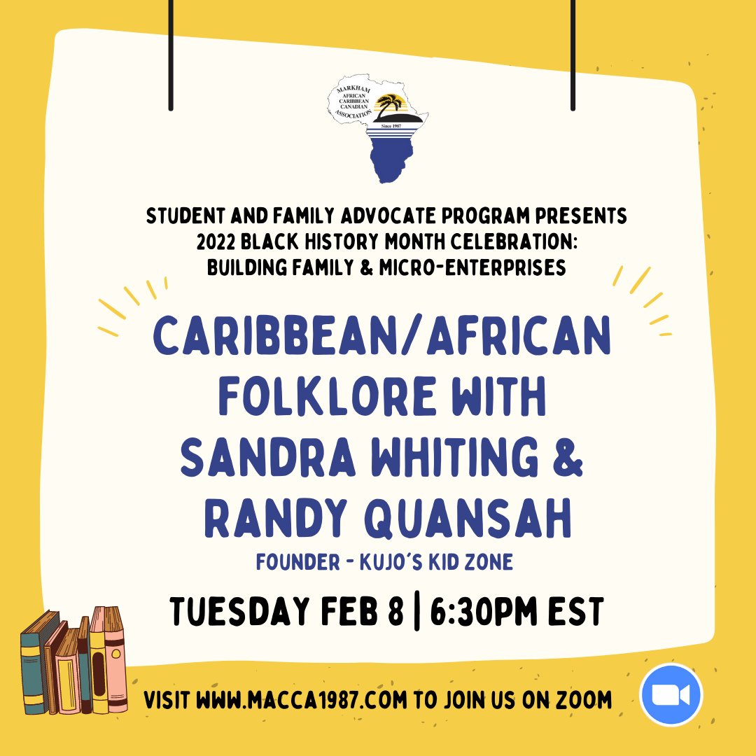 Happening this evening (Feb 8)
African/Caribbean Folklore Night with Sandra Whiting &amp; Randy <a href="/kujoskidzone/">Kujoskidzone</a>
Visit us at macca1987.com for the zoom link