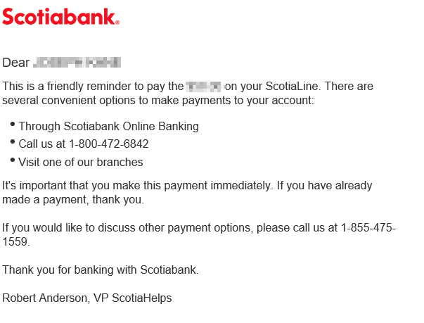 OffTheHook77's tweet photo. Hey @scotiabank - I reported a scam today for a phone call from 855-475-1557 that new my name and was confirmed that this was NOT a Scotia # yet I got an email that looks VERY official telling me to call a similar number - 855-475-1559. Is there a hack? my account is up to date.. https://t.co/8cJUV5mJew