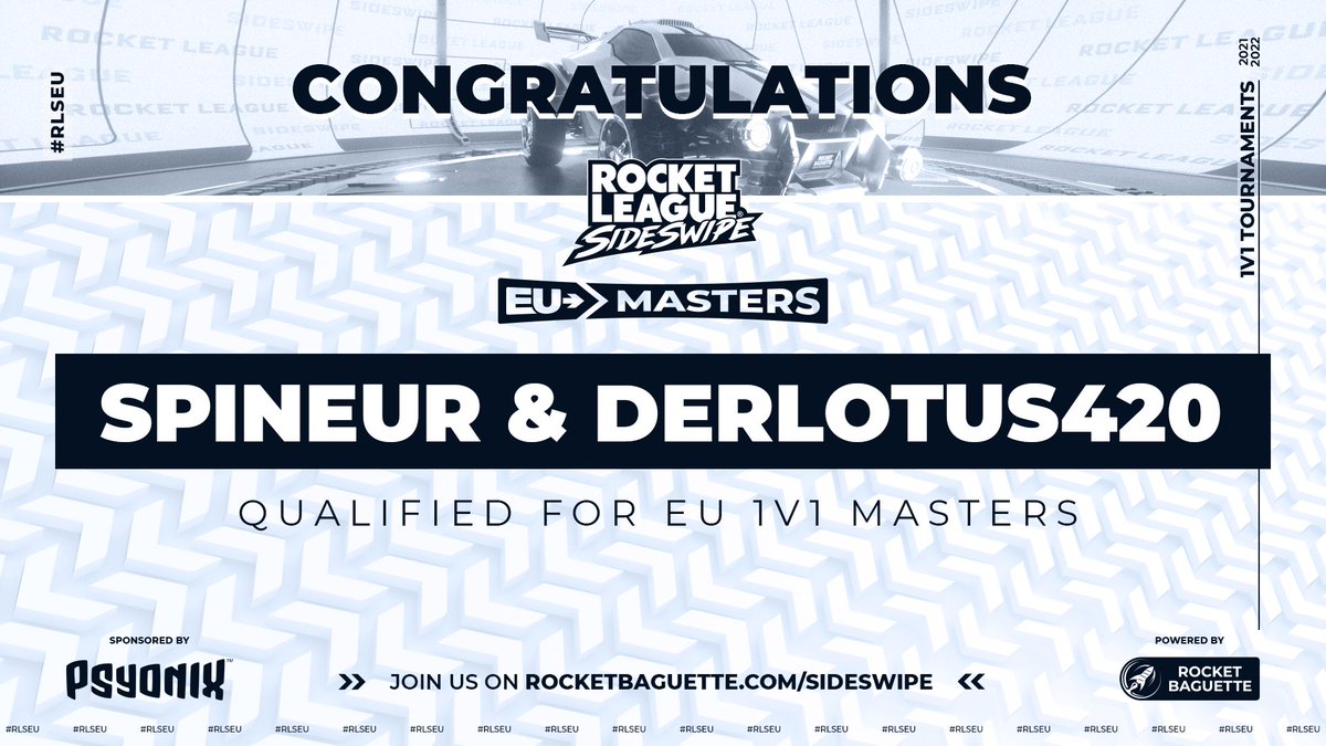 RocketBaguette's tweet photo. ✅ QUALIFIED!
Spineur & DerLotus420 make it to the EU 1v1 Masters #EURLS Group Stage!
#RLSideswipe
Three more qualifiers remaining!
All info: https://t.co/RfqluI4ODE https://t.co/eHpWnApsrQ