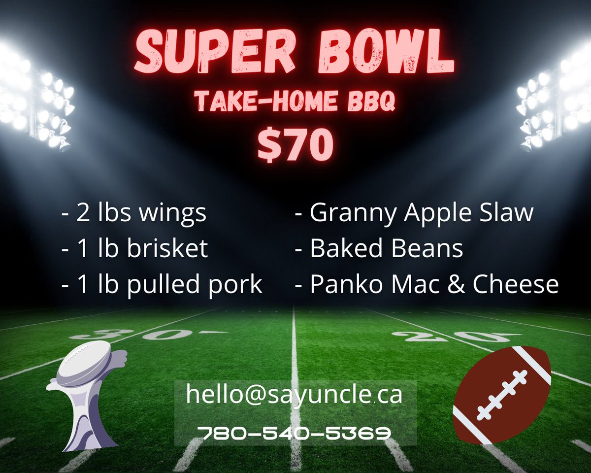 Few things go together as well as Football and BBQ! Bring us home on game day with our take-home special! - 4 pounds of smoked meats - 3 sides Call or email to order. Don't forget to snag a few tall boys or a bottle of wine! #yeg