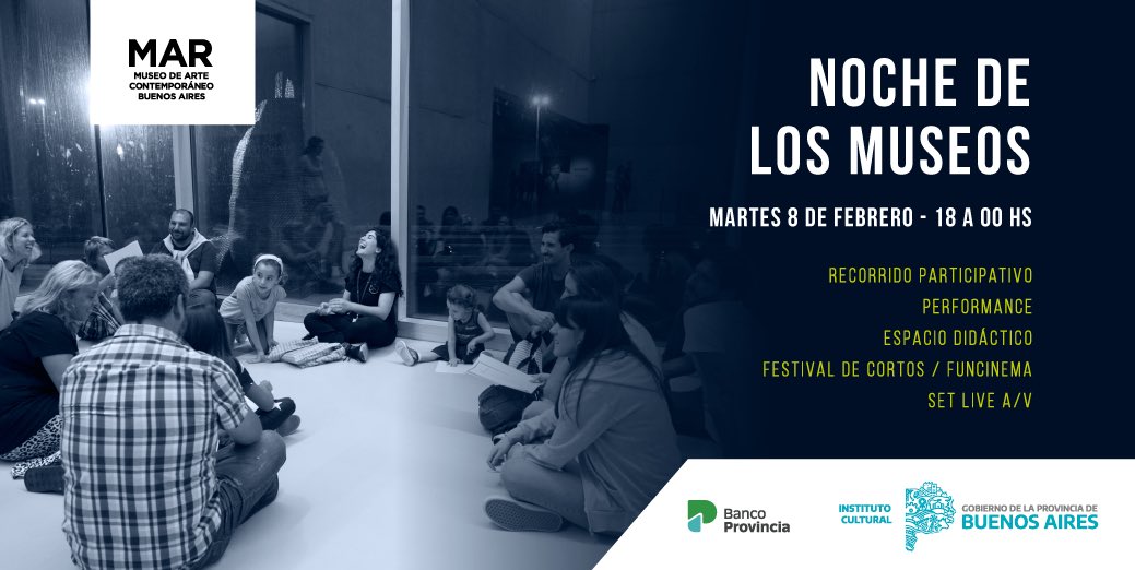 MARMuseo's tweet photo. #ABRIMOS
Comenzó la #NocheDeLosMuseos en el MAR 🤩
Te esperamos hasta las 00hs con entrada #GRATIS
✔️DJ set y visuales desde 19:30
✔️@FuncinemaFest a las 21
✔️Apertura #ClubTri ☕️

-
@Kicillofok @CostaAugusto9 @onettovictoria @fsaintout @Produccion_PBA @CulturaPBA https://t.co/NG9nRjFYki