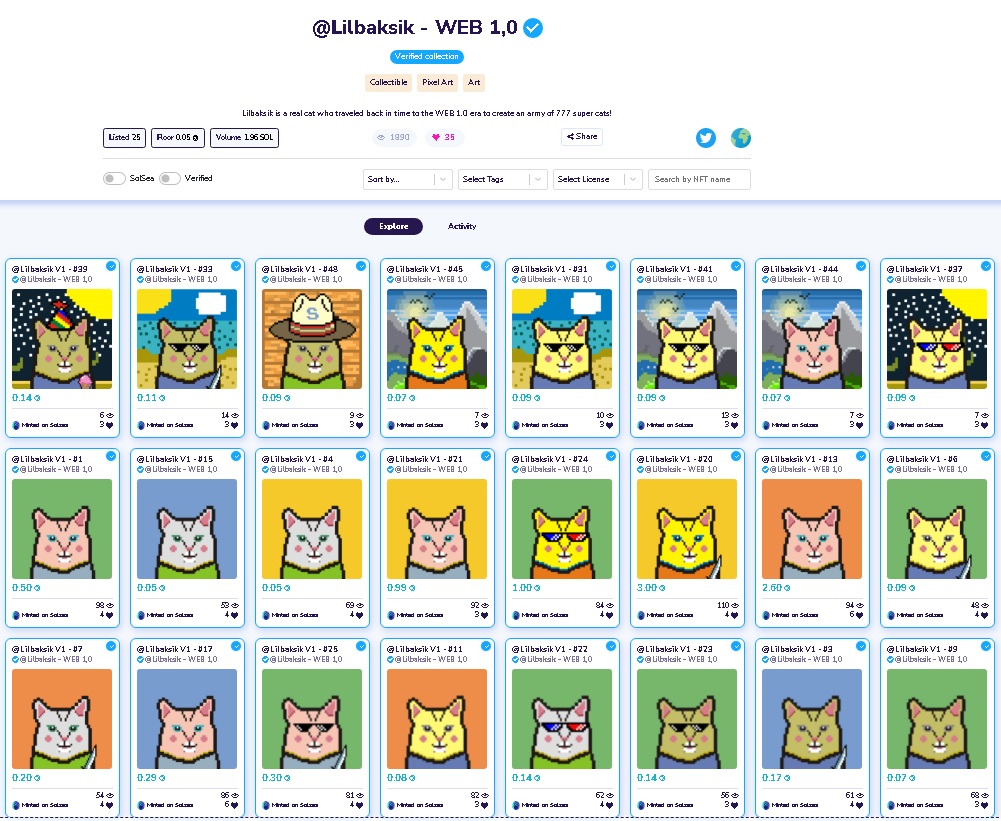 🔥🔥🔥NEW <a href="/LILBAKSIK_1/">Solana Cat Lilbaksik</a> Collection "WEB 1.0" on <a href="/SolSeaNFT/">SolSea</a>

📈We are start minting 777 coins. 
💵Starting price: 0.05 #SOL

📍solsea.io/collection/61f…

#SolanaNFT #Solana #SolanaNFTs #nft #nftcollector #NFTdrop 
<a href="/AllArtProtocol/">ALL.ART</a>
 $SOL