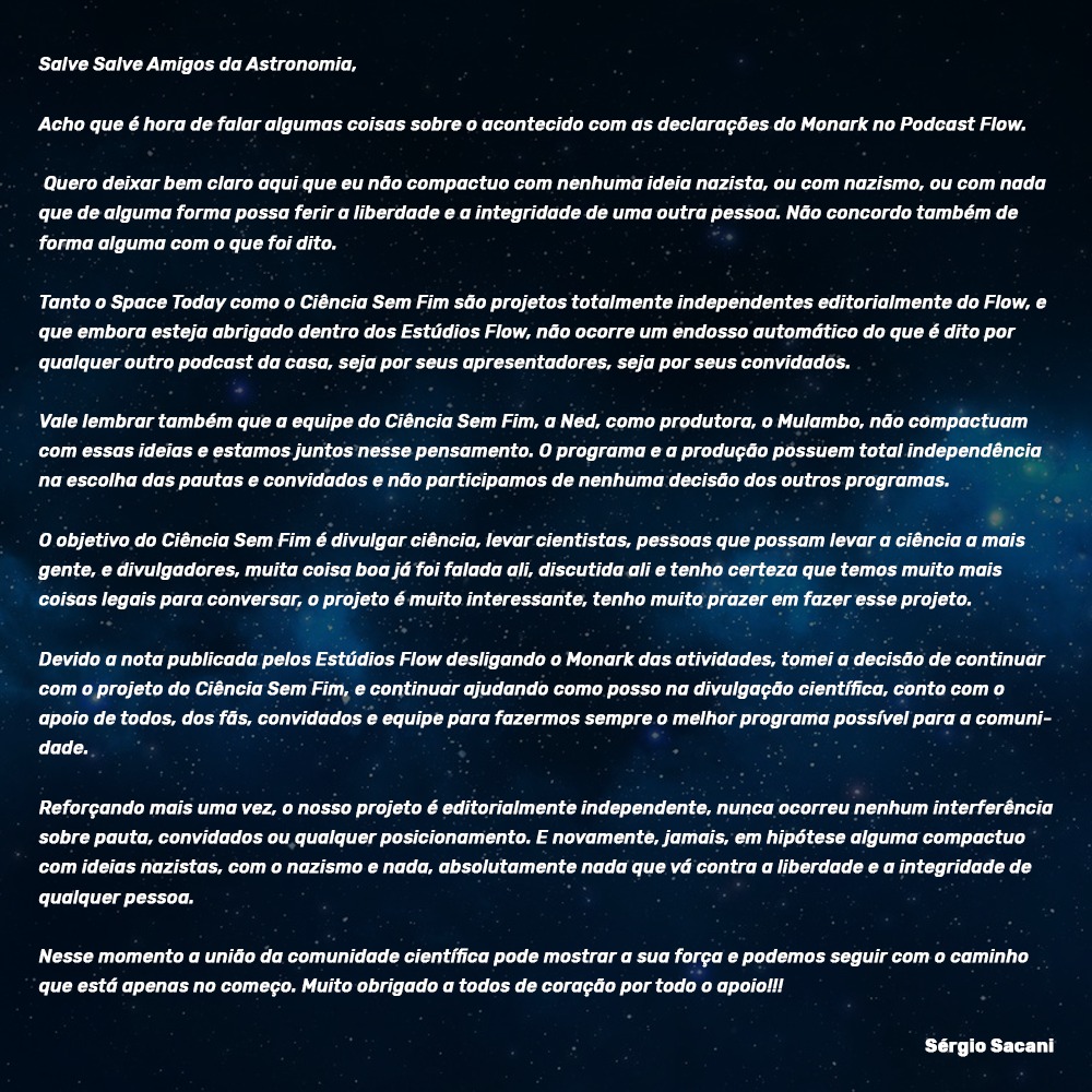 SpaceToday1's tweet photo. Diante de todo acontecido segue a minha nota com o meu posicionamento: https://t.co/mD3DCGniiK
