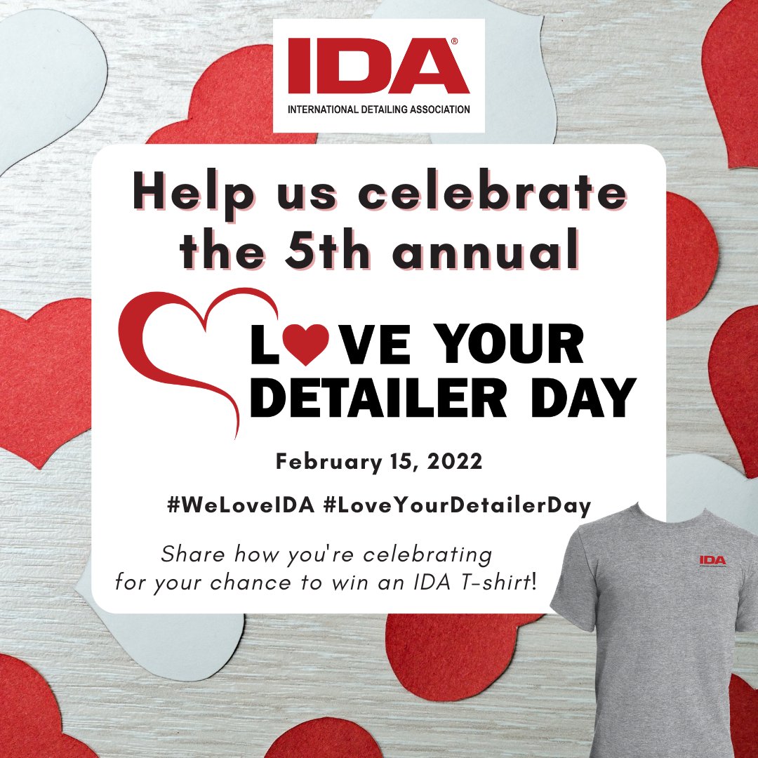 idadetailers's tweet image. Save the date for the 5th Annual #LoveYourDetailerDay on February 15th! Learn how you can help us mark this major milestone, and find out how you could win a free IDA t-shirt: the-ida.com/news/594999

Download the Love Your Detailer Day Marketing Toolkit: the-ida.com/LYDDToolkit