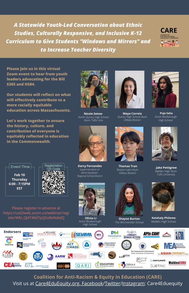 Join us this Thursday, 2/10 at 6-7:15PM for a forum on anti-racism, equity, and justice in education and the S.365/H.584 bills. The discussion will include student speakers, educators, legislators, and community leaders.