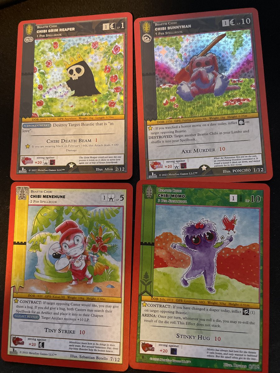 SlyDemon_'s tweet photo. @MetaZooGames 2 holos out of 4 cards!!! #metazoo #pokemon #ValentinesDay #Vday #CHIBI #grimreaper #bunnyman https://t.co/8No1ynIv7C