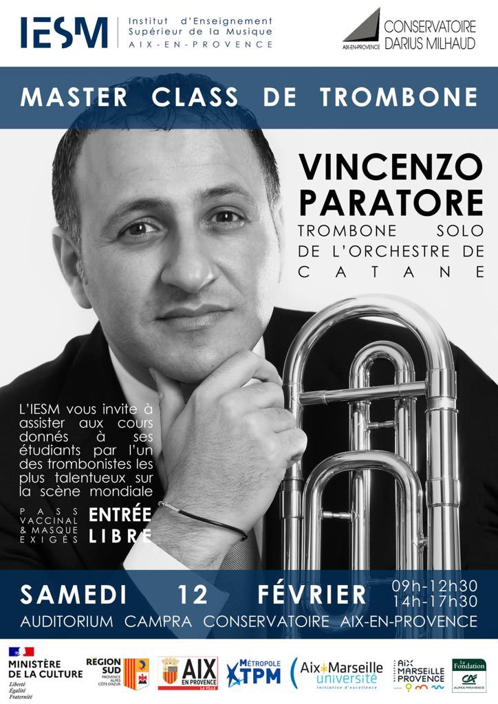 JacquesMAUGER's tweet photo. Master classe de Trombone avec Vincenzo PARATORE et les étudiants de l’IESM le samedi 12 février Conservatoire d’Aix en Provence ouvert à tous https://t.co/uM7y4JGRP4