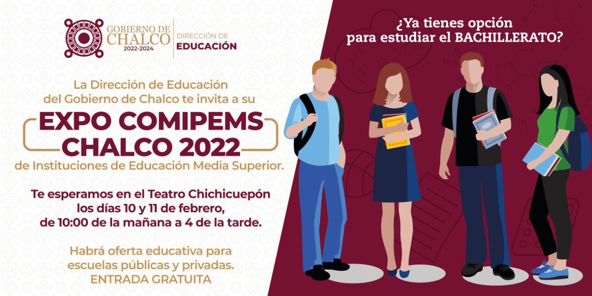 GobiernoChalco's tweet photo. Asiste a la #ExpoCOMIPEMSChalco2022 que la #DirecciónDeEducación organizará el próximo 10 y 11 de febrero en el teatro Chichicuepón. #Prepárate #GobiernoDeChalco. https://t.co/12IwWoFAyc