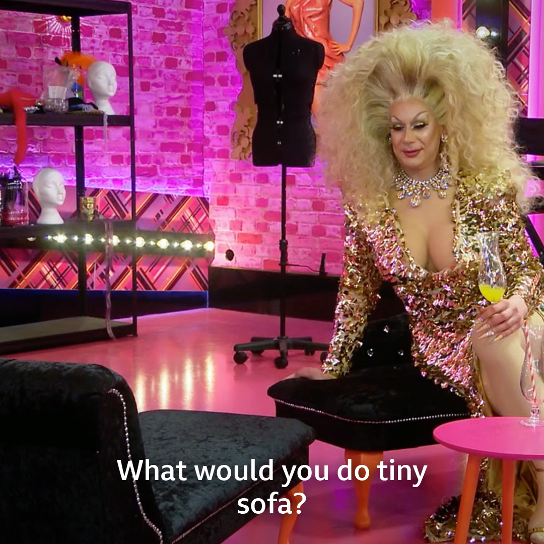 dragraceukbbc's tweet photo. Obsessed with @jimbodragclown asking for advice from tiny inanimate objects. 😂 #DragRaceUK https://t.co/iz6Tf80Vcw