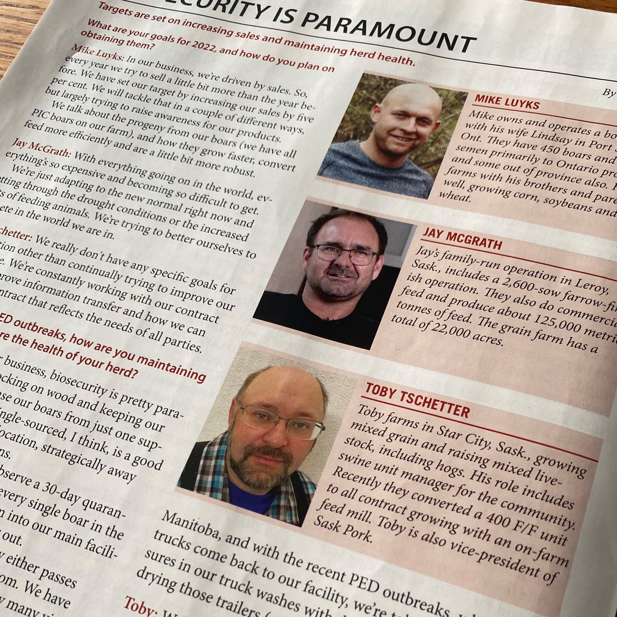 SaskPork's tweet photo. Great to see two @SaskPork board members featured in the February issue of @PrairieFarming's Better Pork. Thanks Toby Tschetter &amp; Jay McGrath for sharing your best advice on biosecurity. Get your issue today if you haven't already! #saskpork #betterpork https://t.co/nE31dN8j2J