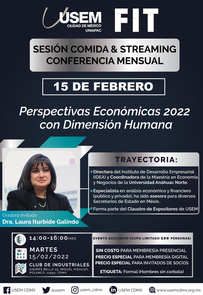 usem's tweet photo. Asiste a nuestra #ConferenciaMensual "Perspectivas Económicas 2022 con Dimensión Humana"
🗓️15 de Febrero
⏰14:00 pm 
📍Club de Industriales, CDMX 
🗣️ Dra. Laura Iturbide Galindo (Directora @IDEA_Anahuac)
 Registrate ahora: https://t.co/xpHt6wc3so 

#ViveLaUSEM #economía #empresa https://t.co/uMW4WOw1q0
