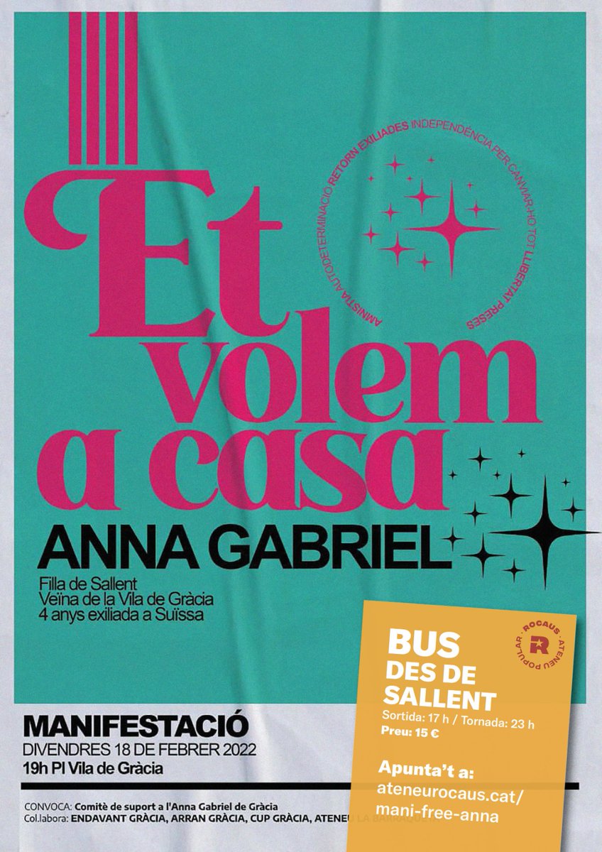 ateneurocaus's tweet photo. Organitzem-nos per anar juntes a la mani! 👊🏻

🗓️ Divendres 18
🚌 Sortirem de la Plaça Catalunya a les 17h, i la tornada serà a les 23h desde Barcelona. 

✏️ Pots apuntar-te al següent enllaç. Data límit diumenge 13 de febrer. El preu del bus és de 15€.

https://t.co/X8TZ7jo288 https://t.co/IZHsdCzvRM