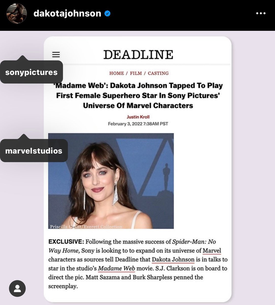 screentime's tweet image. Dakota Johnson confirms she's playing Madame Web 🕸 

She also tagged Marvel Studios 🤔