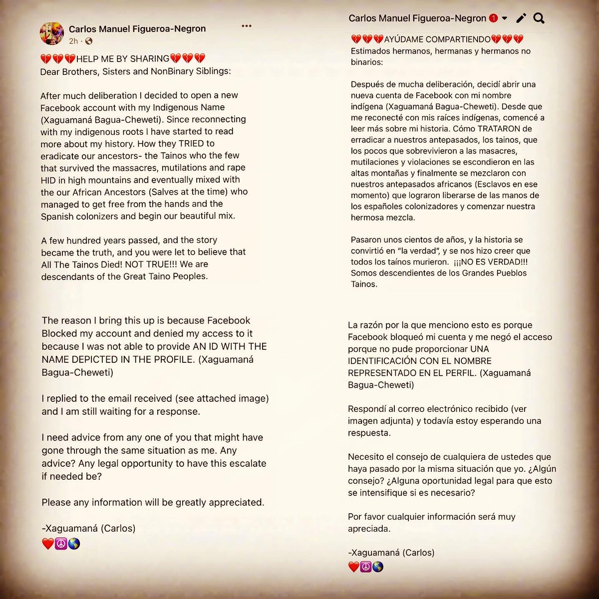 WhatAboutCarlos's tweet photo. (1)
🔴Can you help meby sharing?🔴
Hello friend, quick post for any of you that might be able to help me spread it. Facebook Blocked my Facebook Account for not being able to provide them with a “formal” PICTURE ID depicting my INDIGENOUS NAME. https://t.co/ciE0a2GqD2