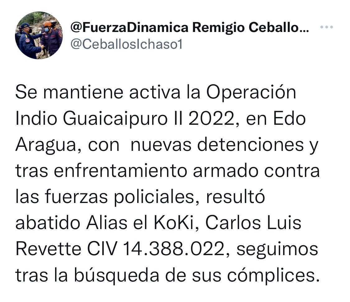 Excelente trabajo el del Cicpc y todos los organismos de seguridad ciudadana: PNB, GNB, DGCIM, SEBIN, Policía Estadales y Municipales. 
Trabajamos por La Paz de Venezuela. Se mantiene activa la Operación Indio Guaicaipuro II 2022, estado Aragua.
CERO TREGUA A LA DELINCUENCIA