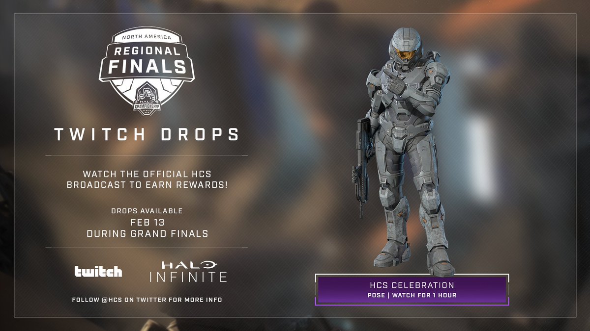 Drops!? Yes, drops.

Tune into the NA Regional Finals at #HCSAnaheim2022 this weekend and unlock exclusive #HaloInfinite <a href="/Twitch/">Twitch</a> drops!

The action starts Friday Feb 11 at 12pm PST!

Twitch.tv/Halo
Twitch.tv/HCS
Twitch.tv/Xbox