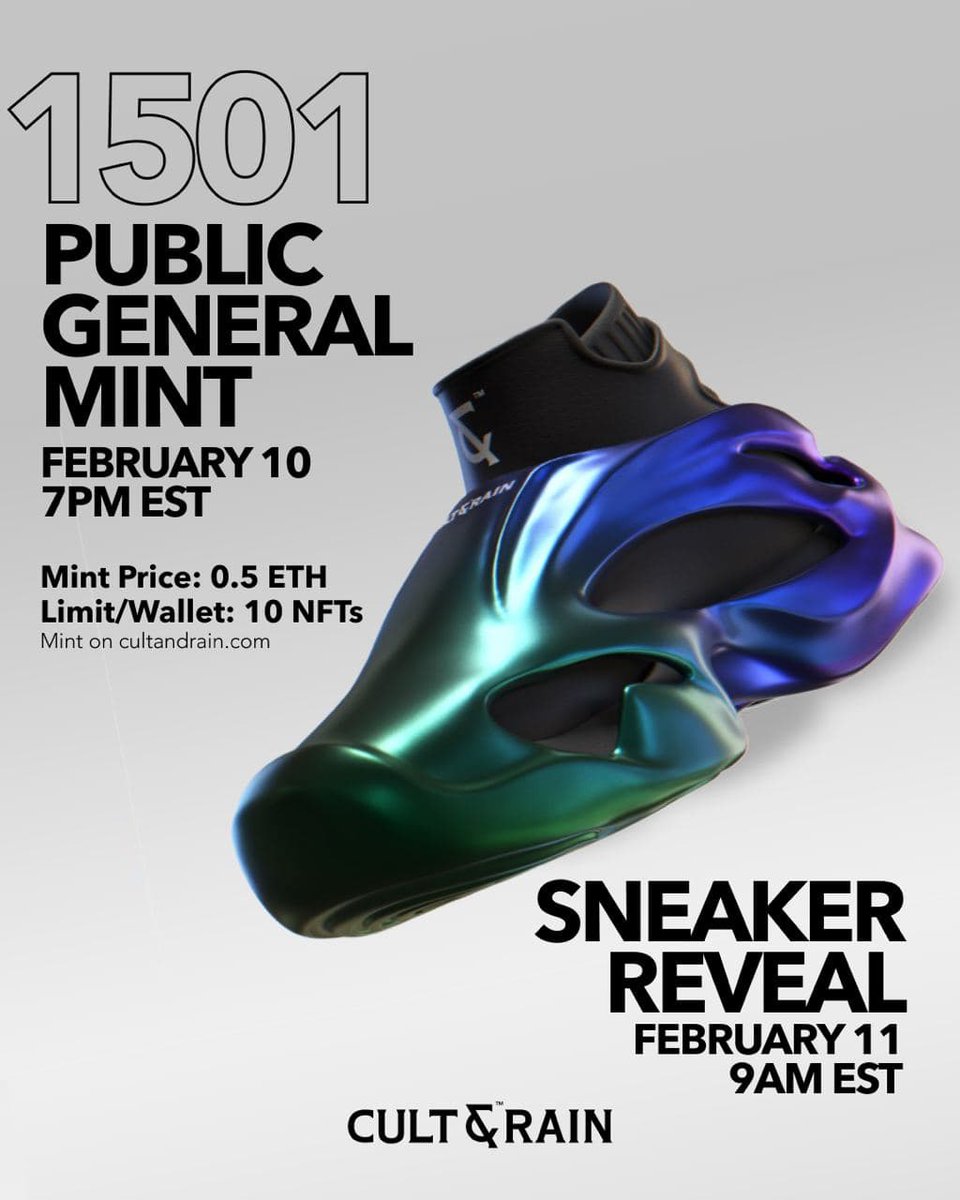 CULT&amp;RAIN is pleased to announce the FULL DETAILS of the upcoming general mint for our Genesis Collection! 

Thursday, February 10th at 7pm EST

Thank you for the full 500 presale SELLOUT YESTERDAY FAM🔥🔥🔥

Let's take it home Thursday! 🔥♥⛈