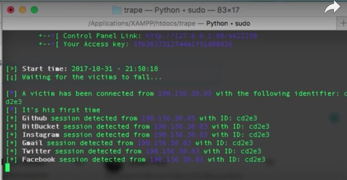 This is trape. It clones a website and if you can get someone to visit your cloned site you can see what sites they are logged into. So you would then know they're logged into Facebook, Instagram, Github etc.