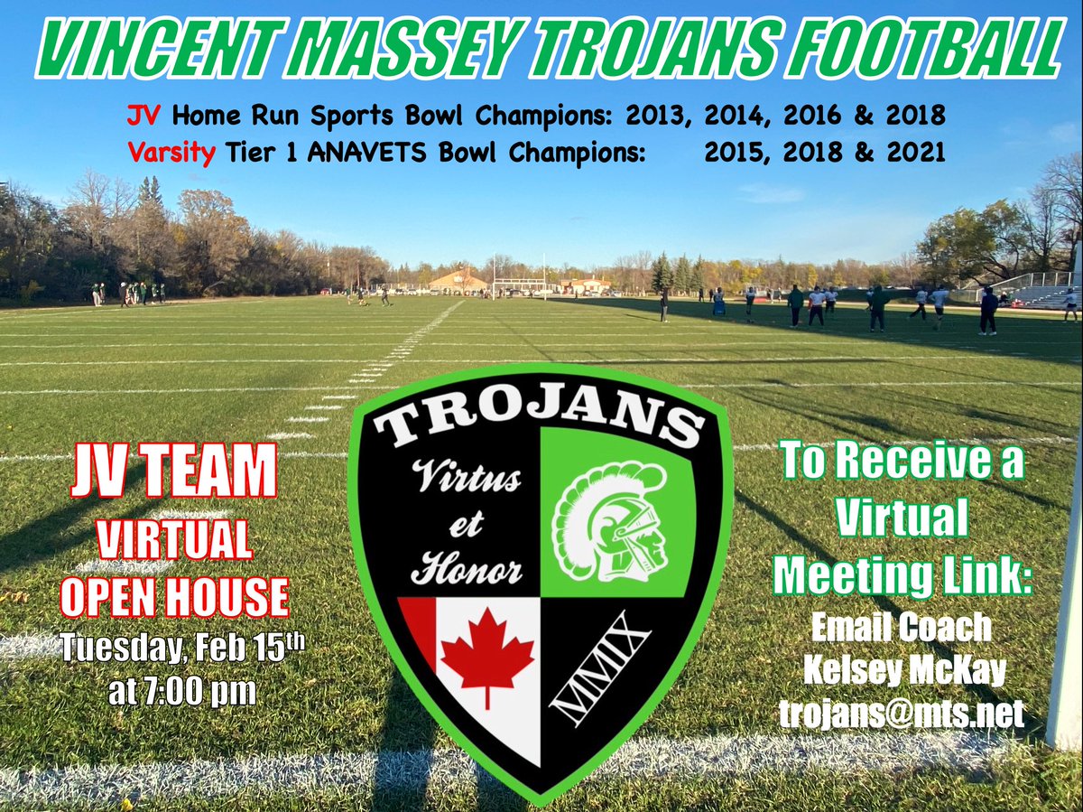 We are 1 week away from our
2022 JV 'New' Parents Virtual Info Meeting.

For Parents of students entering
Gr 10 English or Gr 9-10 Francais.

Please email Coach McKay for a mtg link: trojans@mts.net

'Virtus et Honor'
<a href="/icvmcwpg/">ICVMC - Wpg</a> <a href="/PembinaTrails/">Pembina Trails SD</a> <a href="/The_WHSFL/">The WHSFL</a> <a href="/fbmanitoba/">Football Manitoba</a> <a href="/chatfootball/">CanadaFootballChat</a>