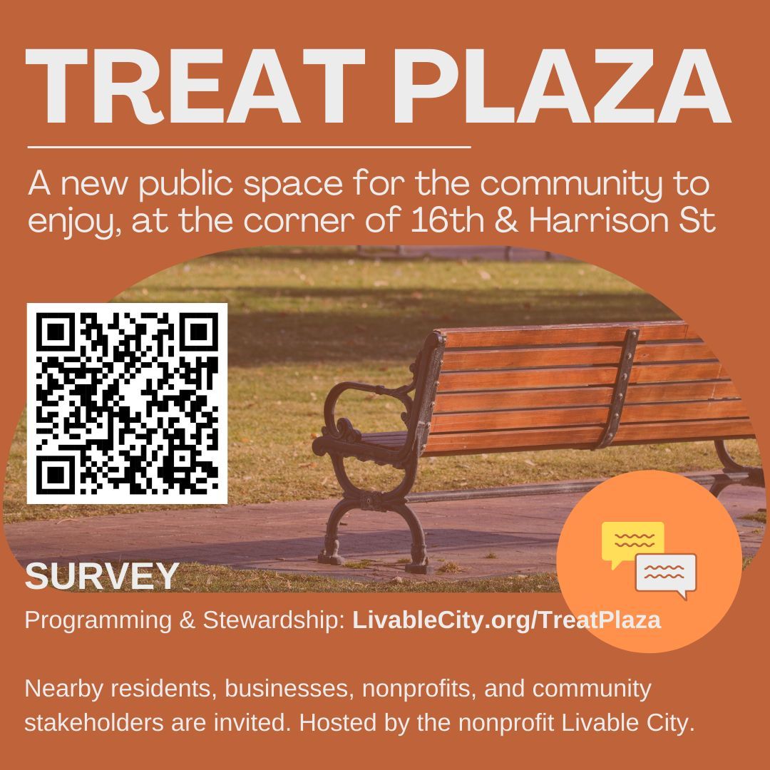 Livablecity's tweet photo. Have you been to the new #TreatPlaza?! We have a survey on what activities you'd like to see there. Give your feedback on how to make Treat Plaza a great public space for the community!🚸💚🎨🎶🎉
Take the survey: https://t.co/wt1mGxc4Am
#TreatPlaza #sfplanning #SF #SanFrancisco https://t.co/4ZKbR1dvZd