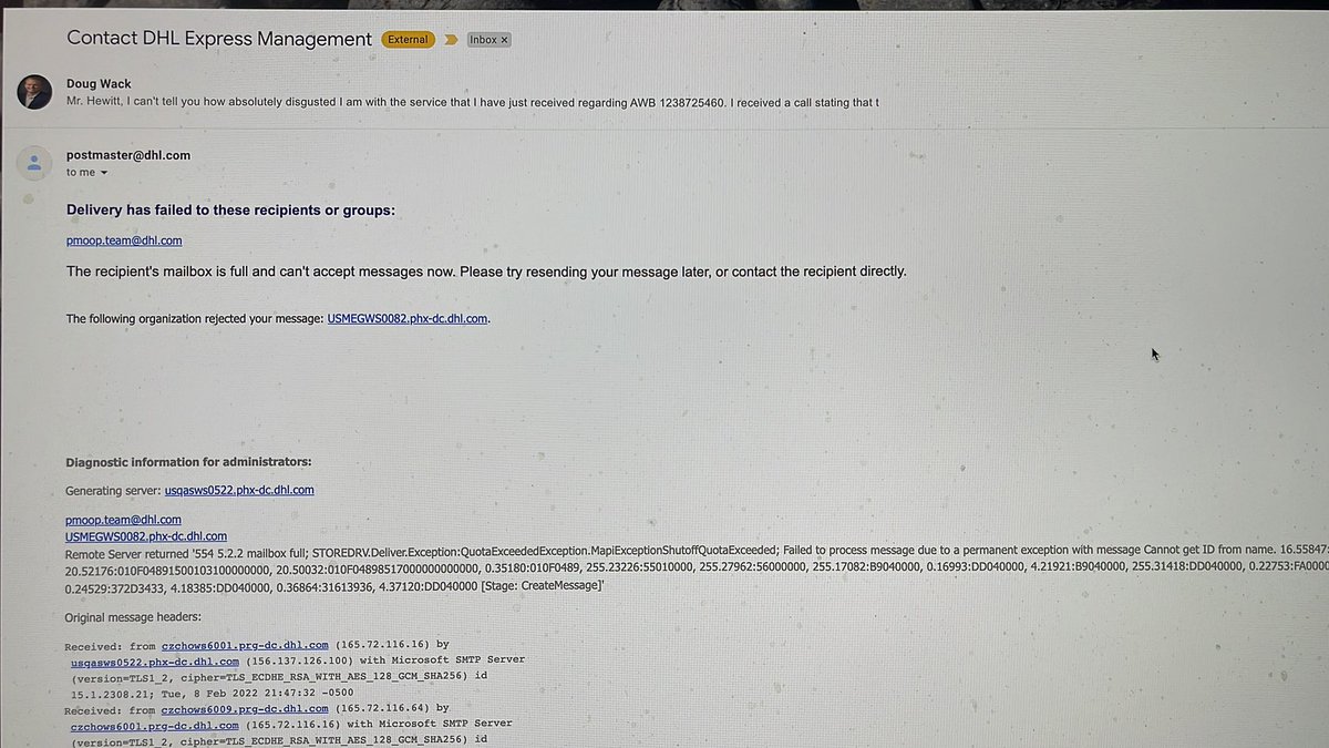 dougswack's tweet photo. @DHLGlobal What kind of sham operation are you running? You’re impossible to communicate with. https://t.co/68HwtLBkh9