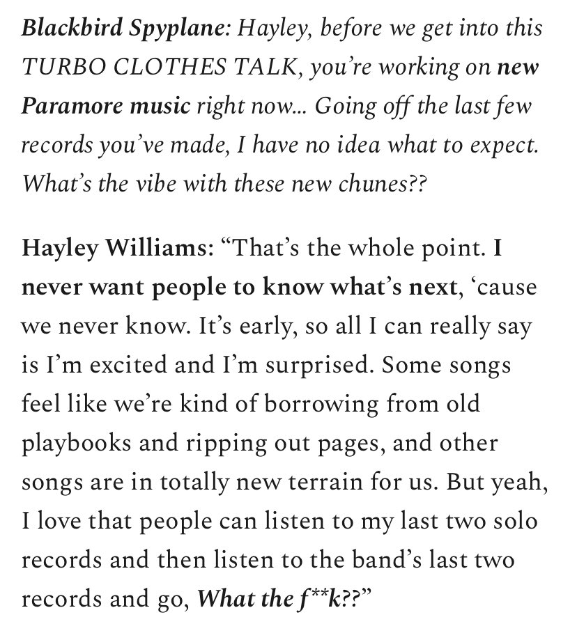 Hayley Williams mentioned new Paramore songs on her latest interview with The Blackbird Spyplane.

Read here: blackbirdspyplane.com/p/hayley-willi…