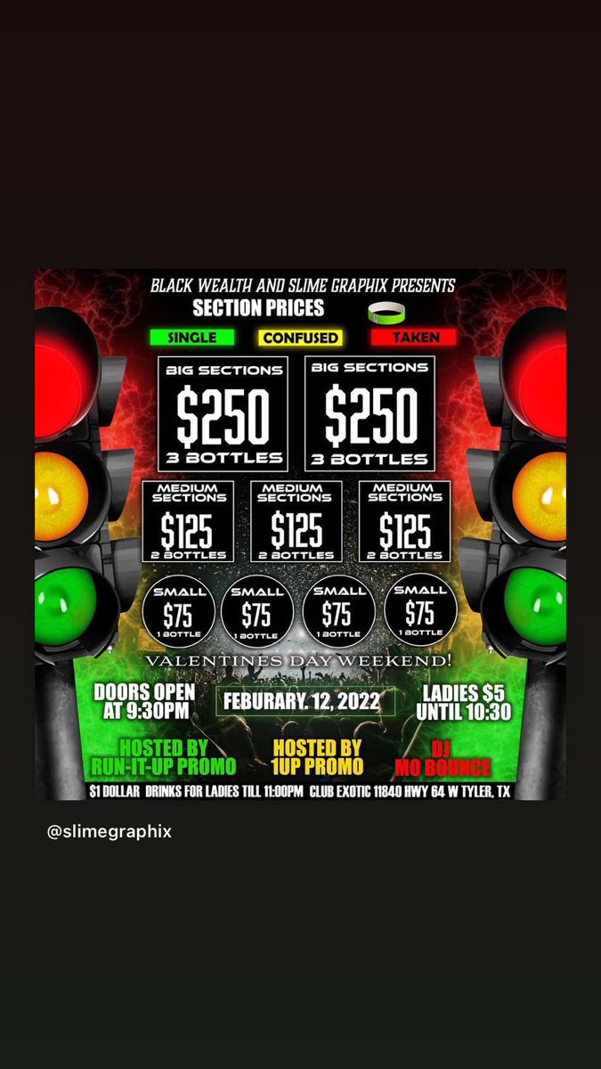 BWFBlacc's tweet photo. Feb 12th #SLPV-Day
Presented by @BlackWealthFam & @Slimegraphix
Doors open at 9:30 ladies $5-10:30
$1 drinks for ladies till 11
Hosted by @1UPPromo
RunItUpPromo
@djmobounce
Club Exotic 11840 HWY 64 W Tyler, Tx
#BlackWealthPromo #WealthyBaddies #1UPPromo #RunItUPPromo https://t.co/RDMFXLp5Yk