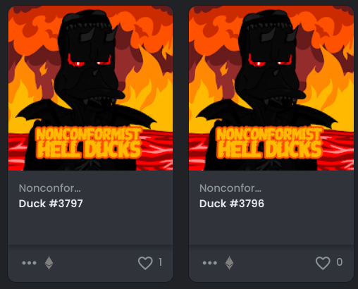 Gas is cheap

Mint some <a href="/noncoducks/">Nonconformist Ducks</a> Hell Ducks for .03 #ETH 
🔥🦆