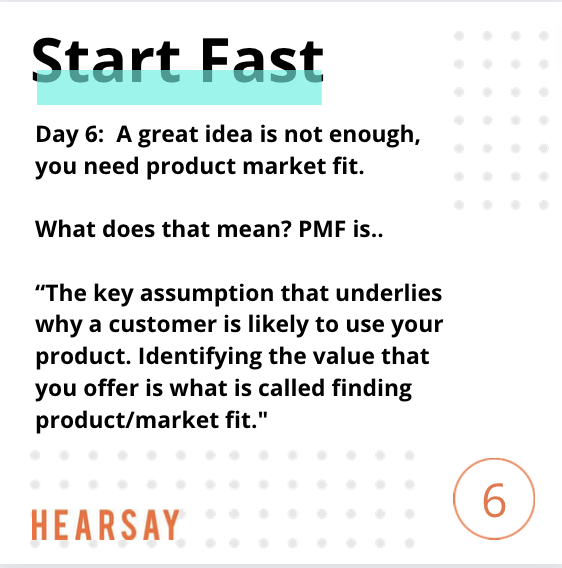 Day 6: A great idea is not enough, you need product market fit. You have left your job and you are now live. This is the time to begin the journey to PMF &amp; spend the next 4-6 weeks talking to customers not your mates! hubs.ly/Q013HB--0 #startup #founder #restech #thickdata