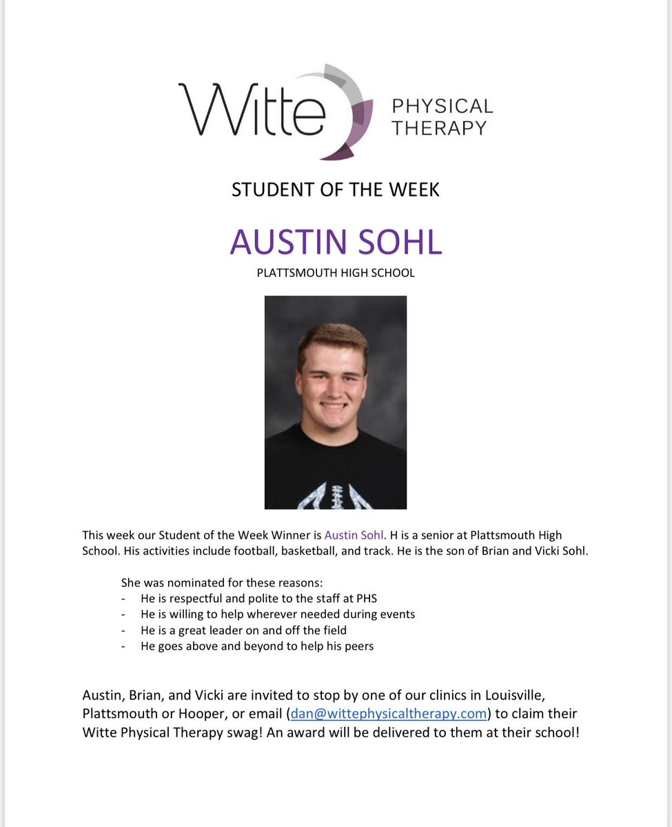 Thanks to Witte PT for the recognition! Proud of you <a href="/austisohl/">Austin Sohl</a> 💙🤍