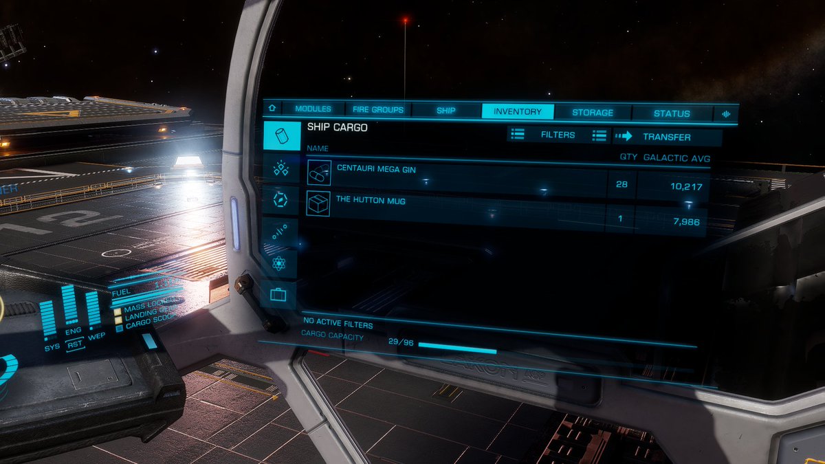 About to transfer the Hutton Mug and Centauri Mega Gin to the HELLHOOOOOLE!!! (<a href="/Q7XWKN/">Fleet Carrier: HELLHOOOOOLE!!!</a>).  <a href="/EliteDangerous/">Elite Dangerous</a> #4tM #FortheMug <a href="/huttonorbital/">Hutton Orbital Radio</a> 

So . . . if each canister is one tonne, then is this one tonne of little Hutton Mugs, or is it one mug that weighs a tonne? 🤔