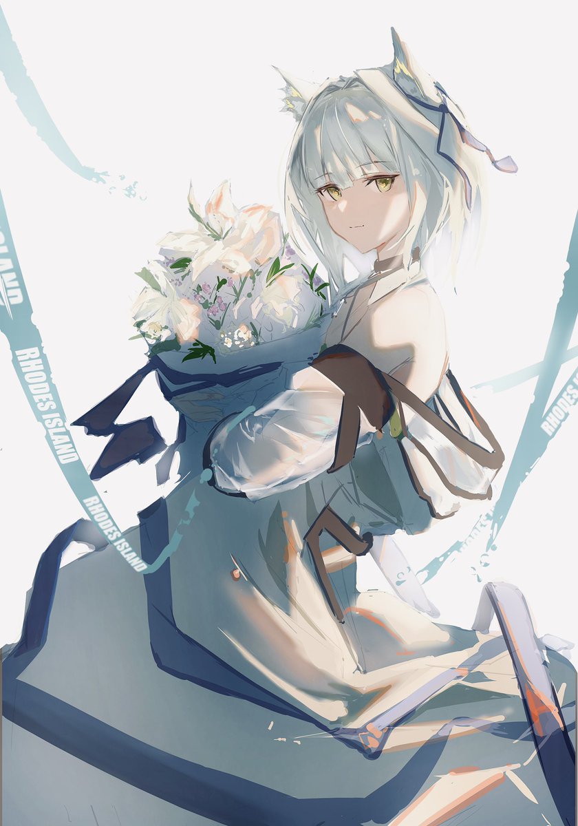 kal'tsit (arknights) 1girl solo bouquet animal ears dress flower looking at viewer  illustration images