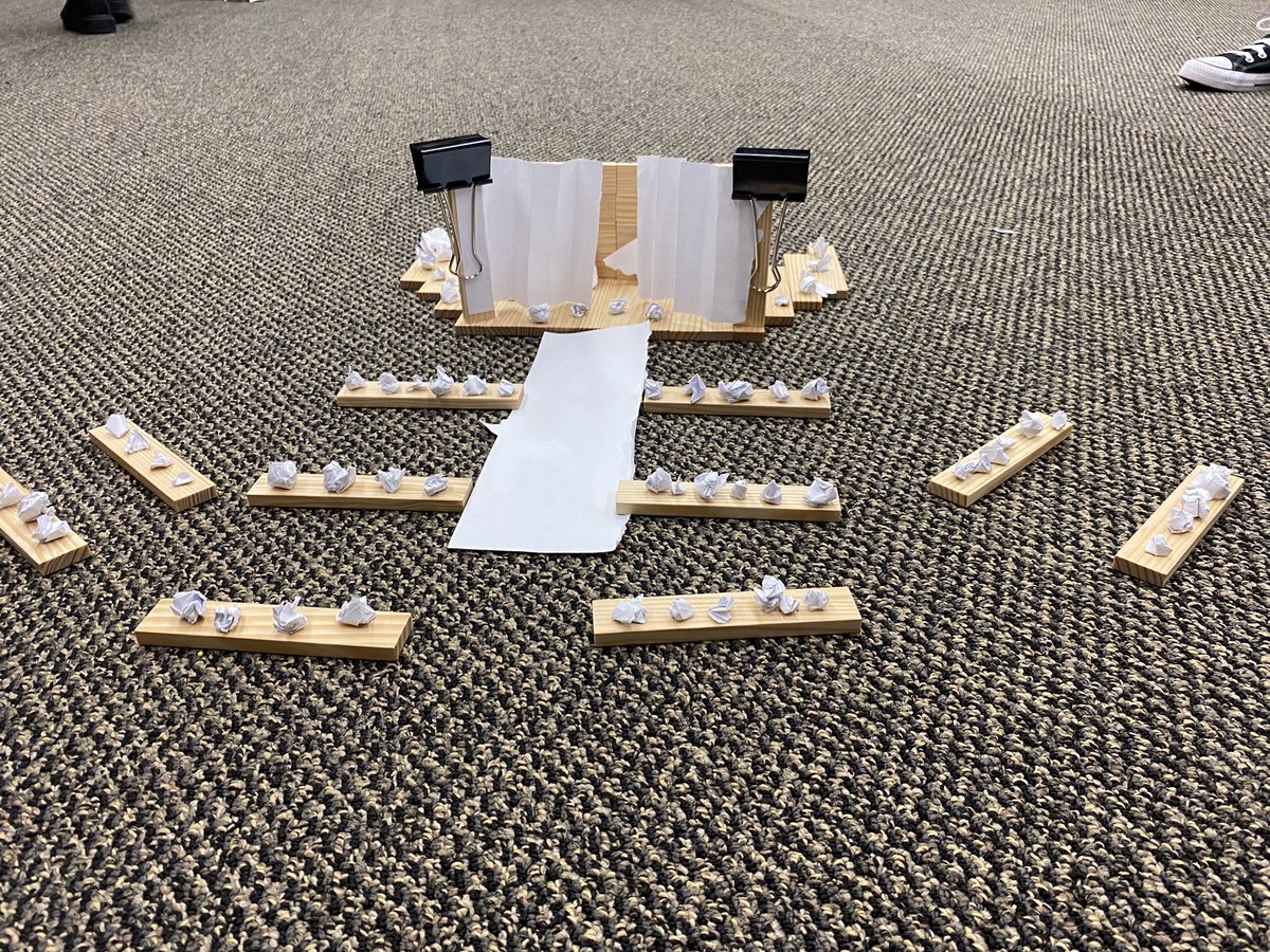Ms_LLaviolette's tweet photo. @MotherTeresaHS Drama students were given a challenge to see what they could build in 15 mins w/ a few pieces of wood, 5 pieces of paper, and a couple of binder clips. I was not expecting these results! Surprisingly (maybe not), two groups built stages! https://t.co/KZSDPdw42j