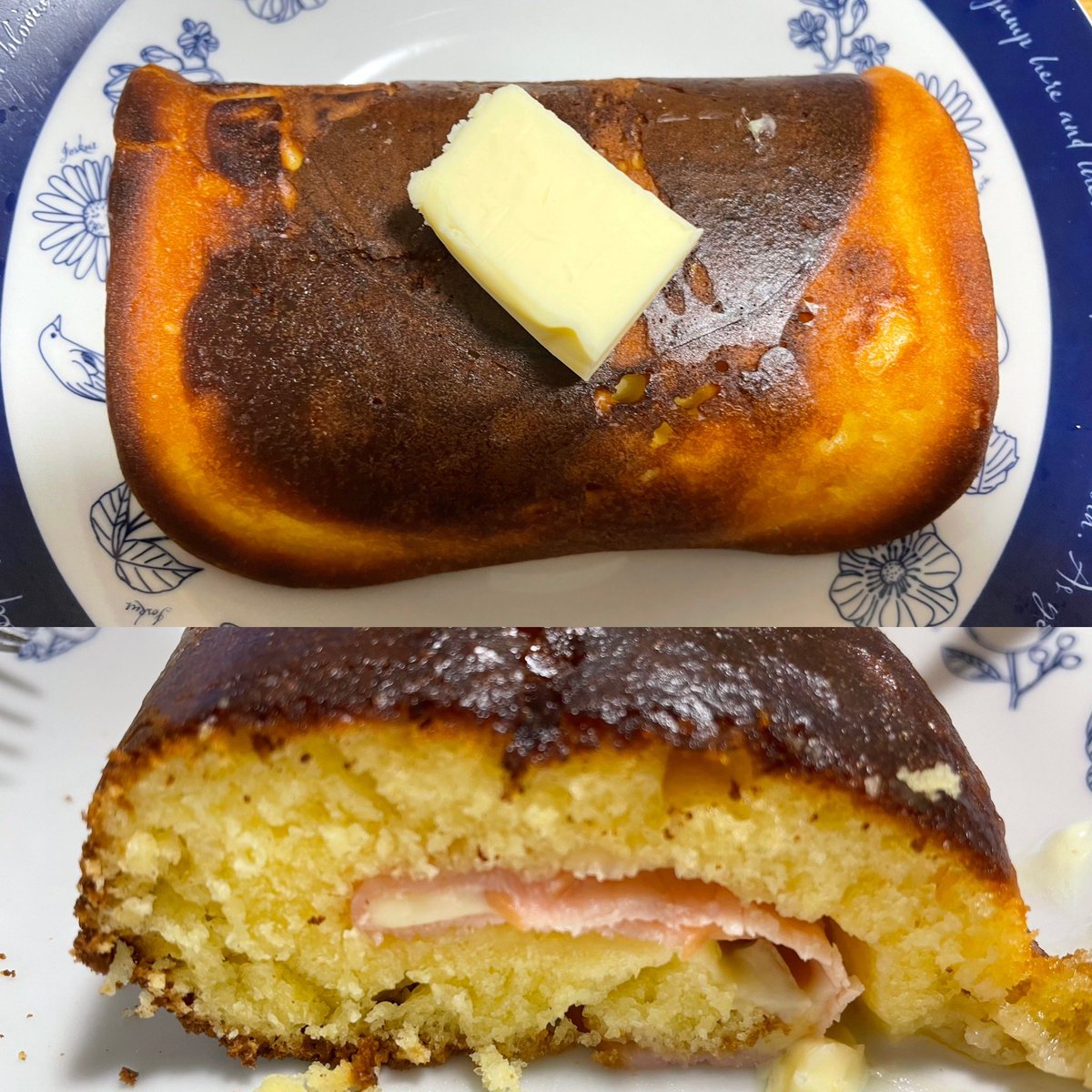 朝ごはん🍽😋 ☘️ハム&チーズホットケーキアレンジ パンケーキ真っ黒に焦げたって ありのまま投稿😅 良いんだよ、旨いから(^_^;)