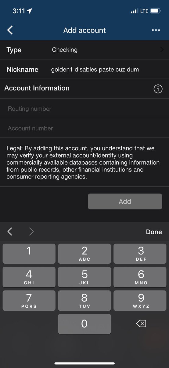 BrianCanFixIT's tweet photo. Banks like @golden1cu disabling paste on forms/in apps only serves themselves as they can charge fees when there is a mistake. https://t.co/Jk76PUog3A