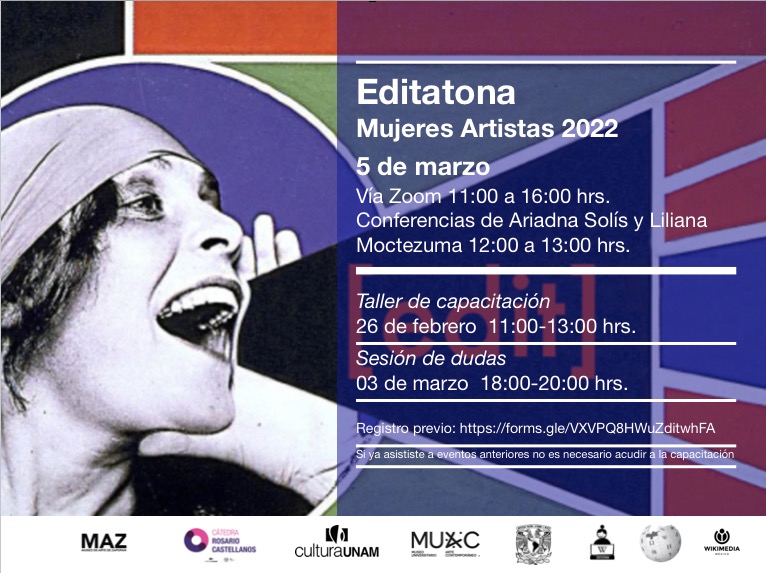 Wikimedia_mx's tweet photo. 🤳¡Ya llegó, ya está aqui, la 7ª @editatona @artandfeminism! 
Súmate el 5 de marzo a partir de las 11h. 

El 26/02 compartiremos un taller de edición para aprender a editar Wikipedia https://t.co/We3uBi7Lsj