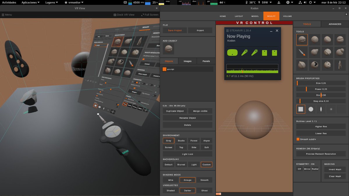 So Happy Playing <a href="/Kodon3D/">Team Kodon</a> on <a href="/SteamVR/">SteamVR</a>  in <a href="/debianjp/">Debian13 "trixie" 2025/8リリース</a> with <a href="/htcvive/">HTC VIVE</a> 
(left hand controller looks wierd in GNU/LinuXR;)
~ ~ ~ 
#b3d "hOW I WISH ü WERE HERE"🫀🎶
<a href="/Blender/">Blender 🔶</a> still lobe ü 4ever ; )
&amp; <a href="/PluginMarui/">MARUI-PlugIn@VR3Dデザインツール</a> it's ämâzing too [but crashes a lot] wild thing !!🎵 ~ ~ ~
#XR #sculpture