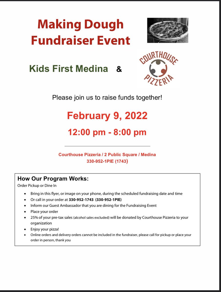 Wednesday, Feb. 9th 12-8 order from Courthouse Pizza &amp; support Kids First Medina!   <a href="/MCScomm1/">MCS Communications</a> <a href="/mcs_foundation/">MCSFoundation</a> <a href="/MedinaSup/">Aaron Sable</a> <a href="/KQuall/">Kristine Quallich</a>
