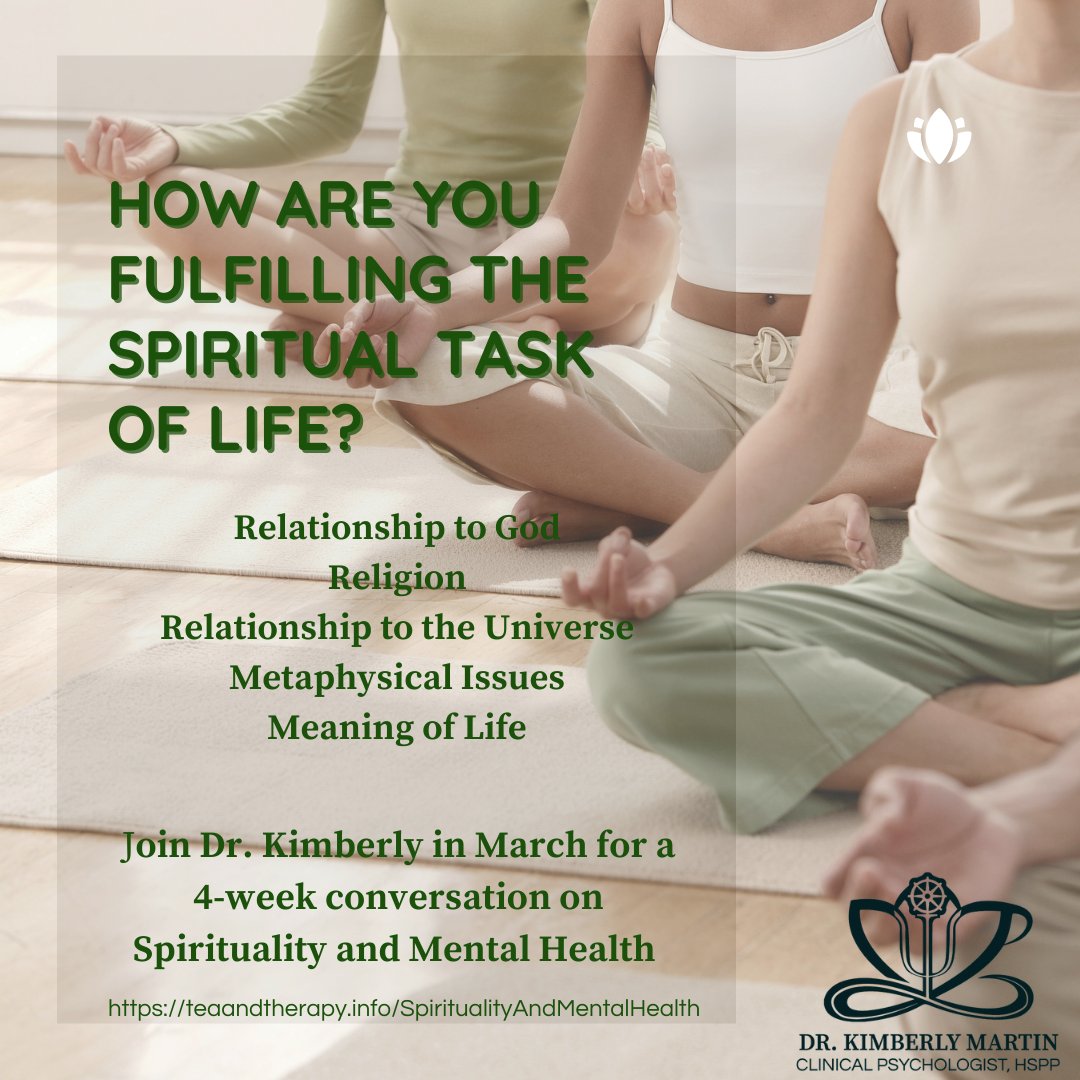 drkimberlym's tweet image. Spirituality is an important life task and an important component of healing. Join Dr. Kimberly if you'd like to learn more about adding spirituality to your wellness plan.  The group starts March 5, 12:30 EST.  
teaandtherapy.info/SpiritualityAn…
#spiritualityjourney #LifeTask