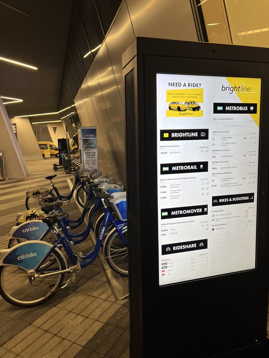 As we keep adopting mobility hub best practices, glad to have @goswiftmile screens go live today with @ActionFigureAI (formerly TransitScreen) at our @CitiBikeMiami and scooter docks in Miami (@Helbiz @BirdRide @ridespin)